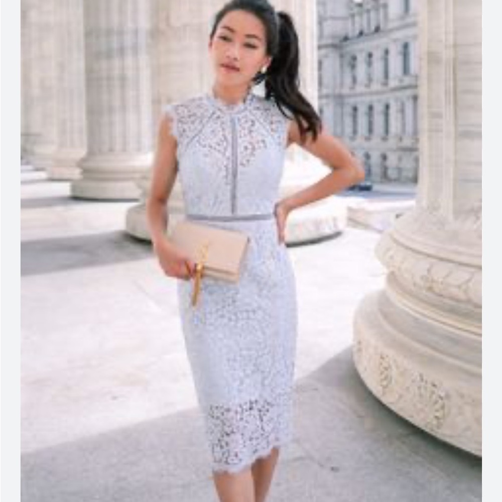 Bardot Light Blue Lace Panel Knee Length Dress High Neck Sleeveless Size 8/M
